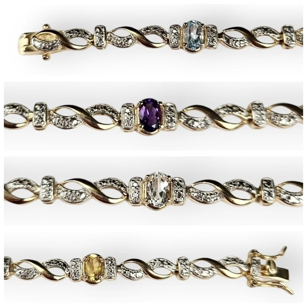 Multi Gemstone Sterling Tennis Bracelet Diamond Accent Gold Plated 925 Silver